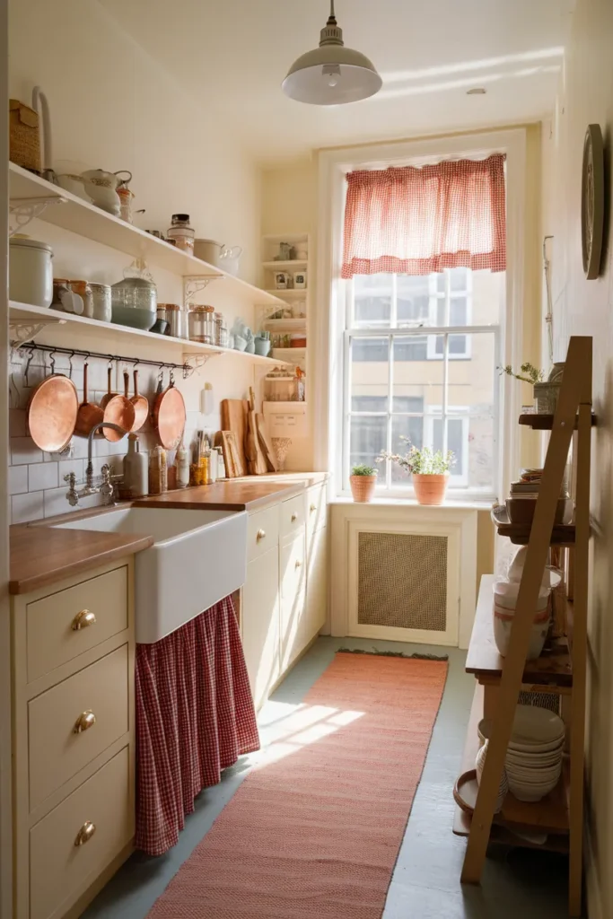 Small cottagecore kitchen in a rental galley with cafe curtain, sink skirt, and copper rail.
