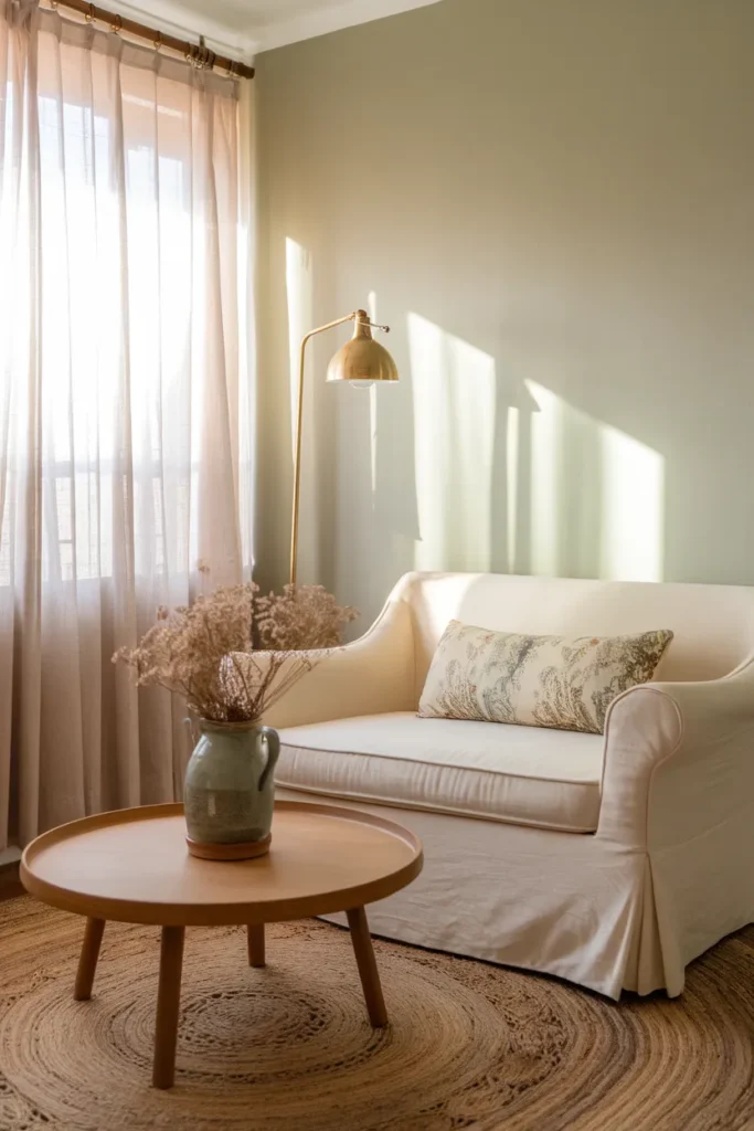 Small cottagecore living room corner with cream loveseat, jute rug, and warm lamp light in a rented apartment.