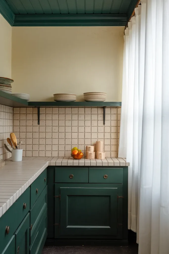 Small dark cottagecore kitchen balancing forest green cabinets with cream walls and pale counters.