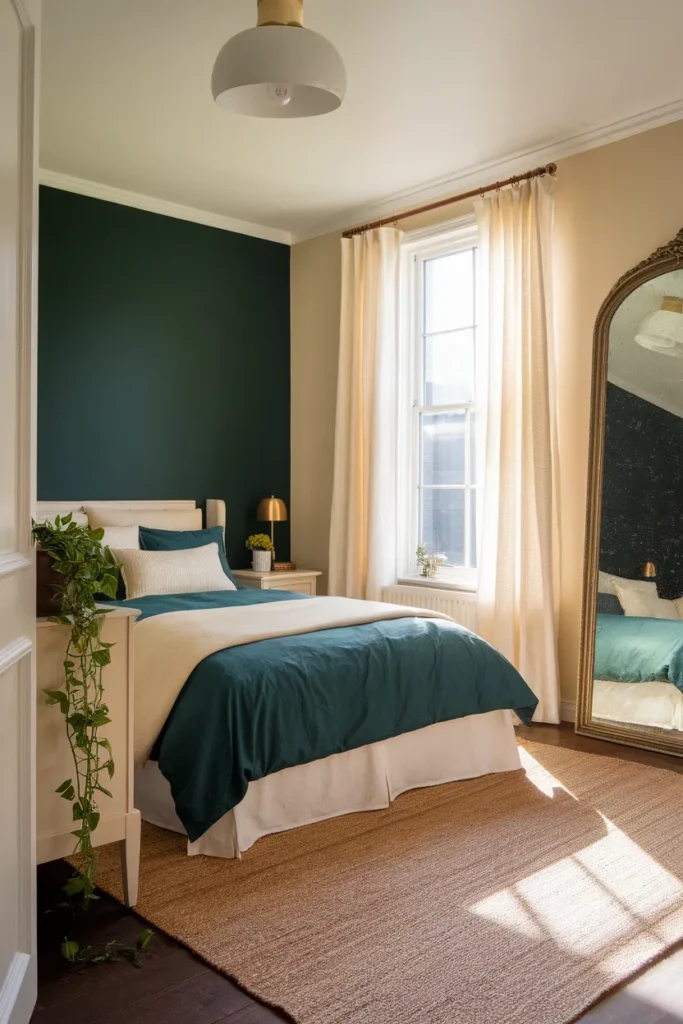 Small dark green bedroom kept bright with cream bedding, ivory sheers, and a mirror