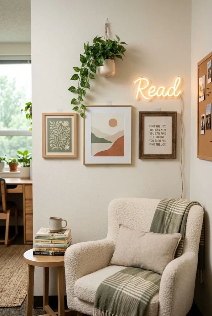 Small gallery wall with faux plant and warm LED sign styling a cozy dorm reading nook.