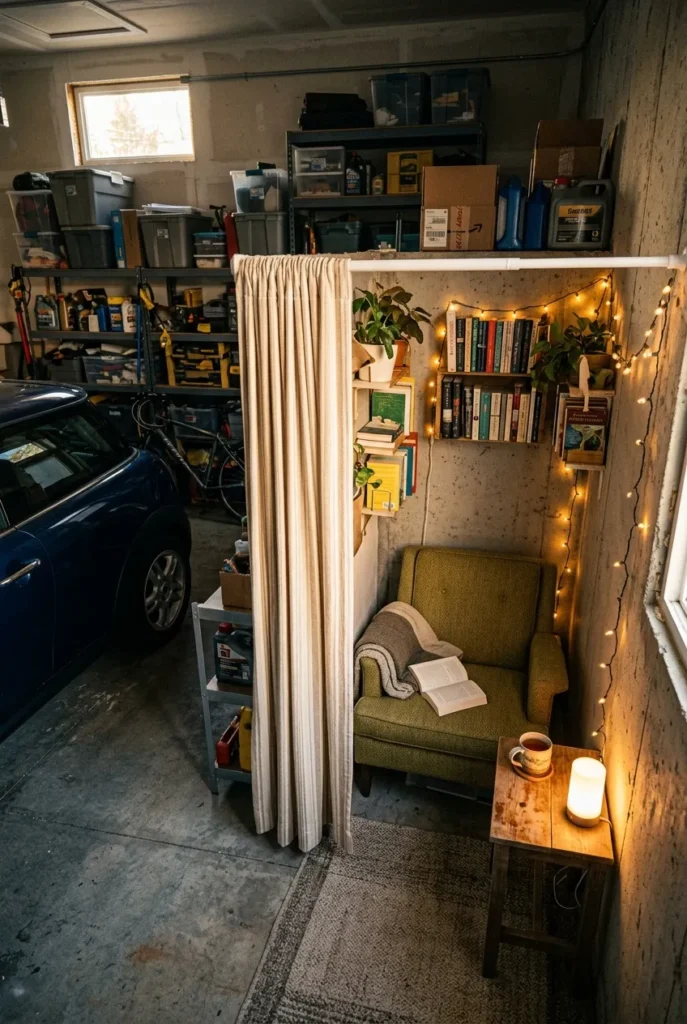 Small garage reading nook corner divided from storage by a curtain.
