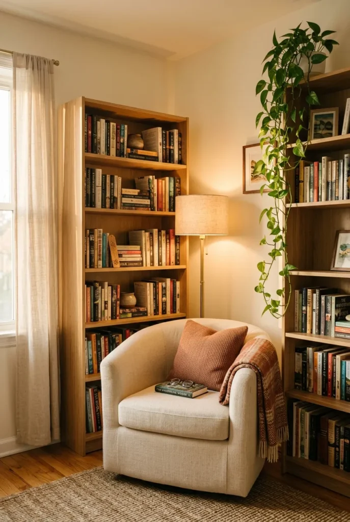 Small home library corner ideas with curved chair, corner bookcase, and warm lamp