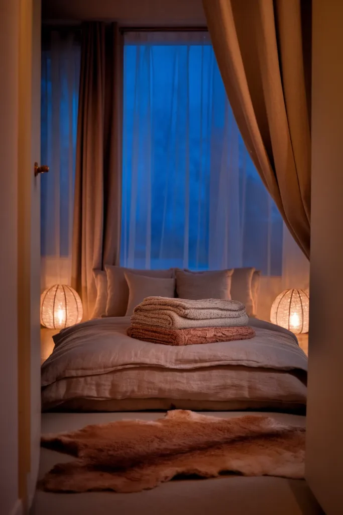 Small hygge bedroom at dusk with layered linen bed, warm bedside lamps, and a sheepskin rug.