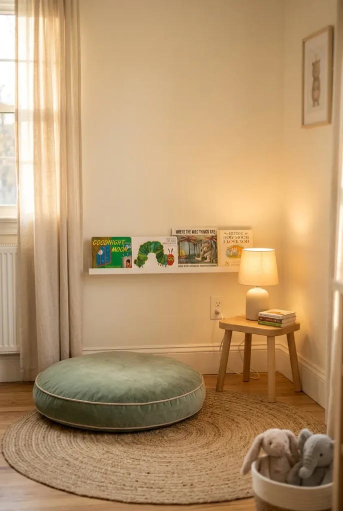 Small nursery reading nook with floor cushion, picture ledge of board books, warm lamp.