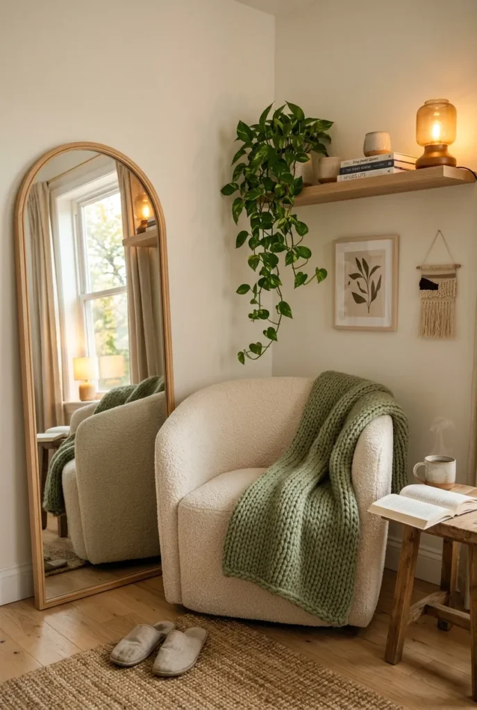 Small reading nook with arched floor mirror reflecting window light beside a cream armchair. Reading Nook Mirror Ideas