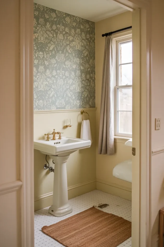 Small rental bathroom with sage botanical wallpaper, pedestal sink, and linen curtain