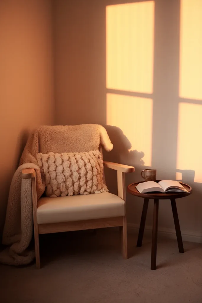 Small rental reading corner with bentwood armchair, boucle pillow and sheepskin in golden hour light