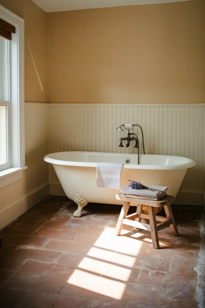 Small rustic cottage bathroom decor with cream roll-top tub, beadboard walls and dried lavender.
