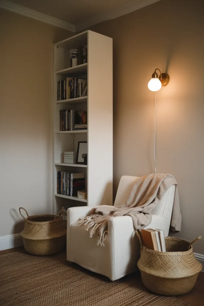 Small space storage ideas in a rented corner with a narrow bookcase, jute rug, and armchair.