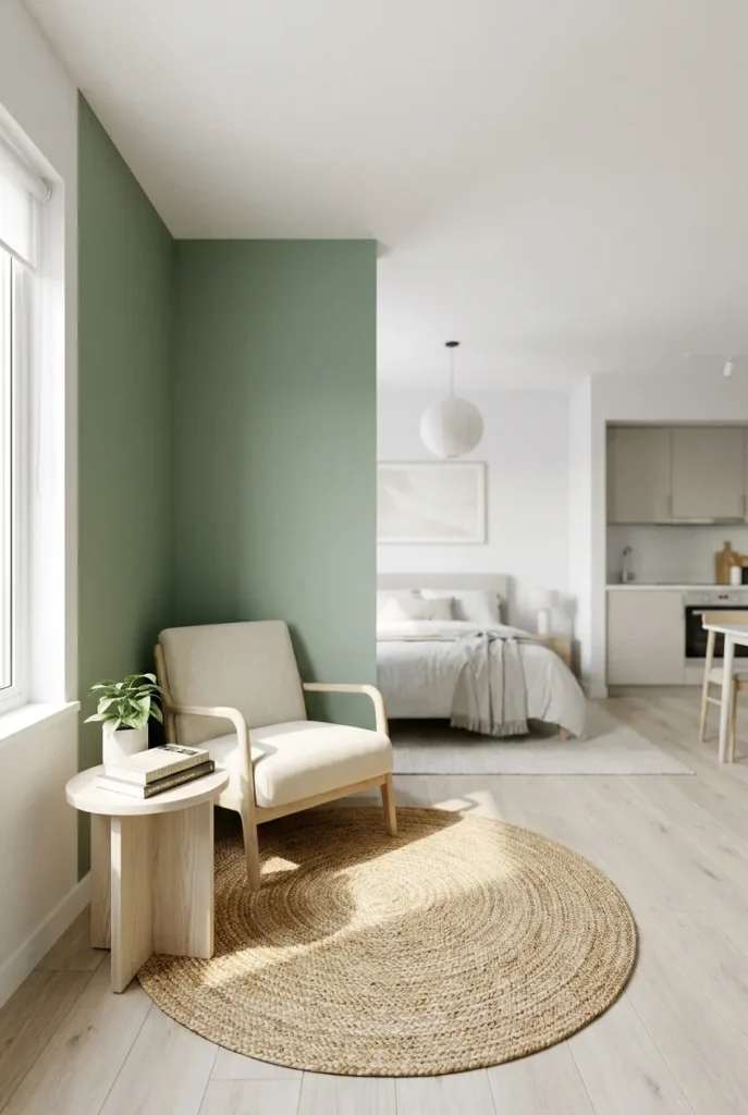 Small studio corner turned into a green reading nook with one sage accent wall and a jute rug.