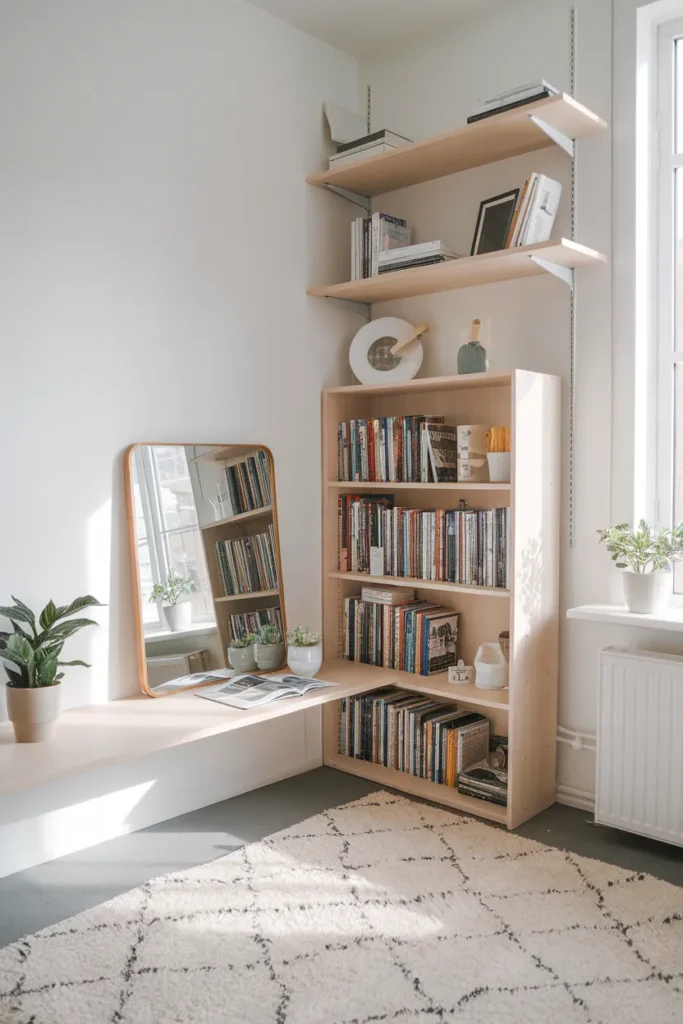 Small studio reading corner with pale shelves and a mirror making the space feel larger.