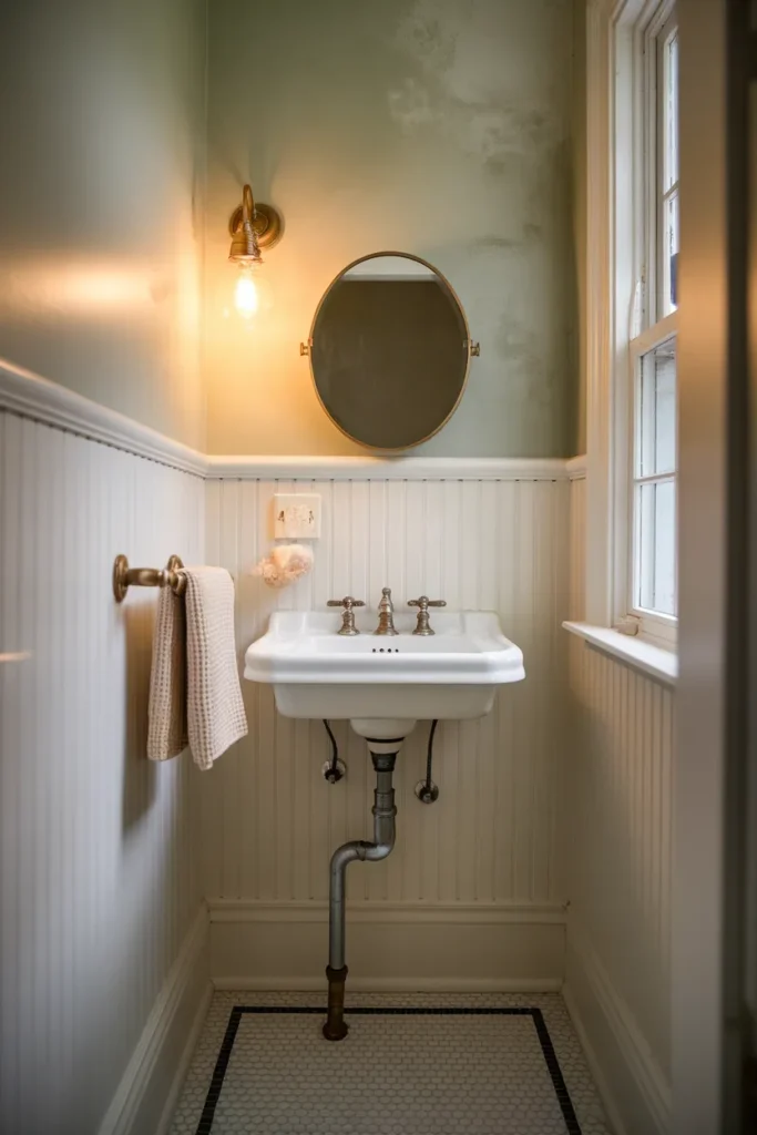 Small vintage cottage bathroom with sage walls, beadboard, pedestal sink and brass sconce