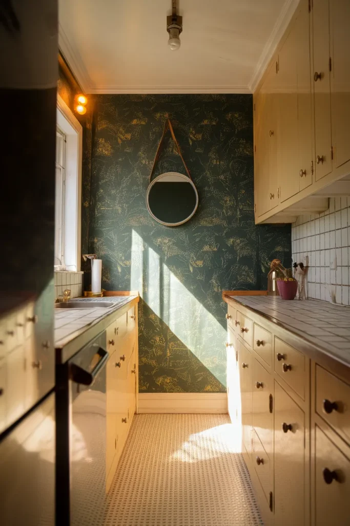Small windowless galley kitchen with one dark cottagecore accent wall and warm layered lighting.
