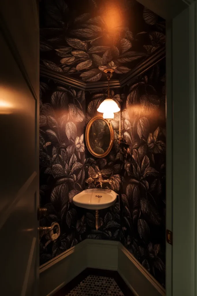 Small windowless powder room with dark botanical wallpaper on walls and ceiling