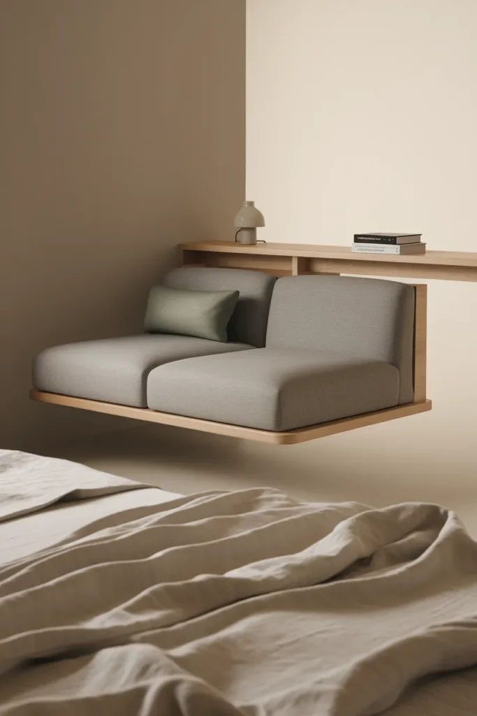 Sofa floated at the foot of a platform bed to zone a studio apartment layout.
