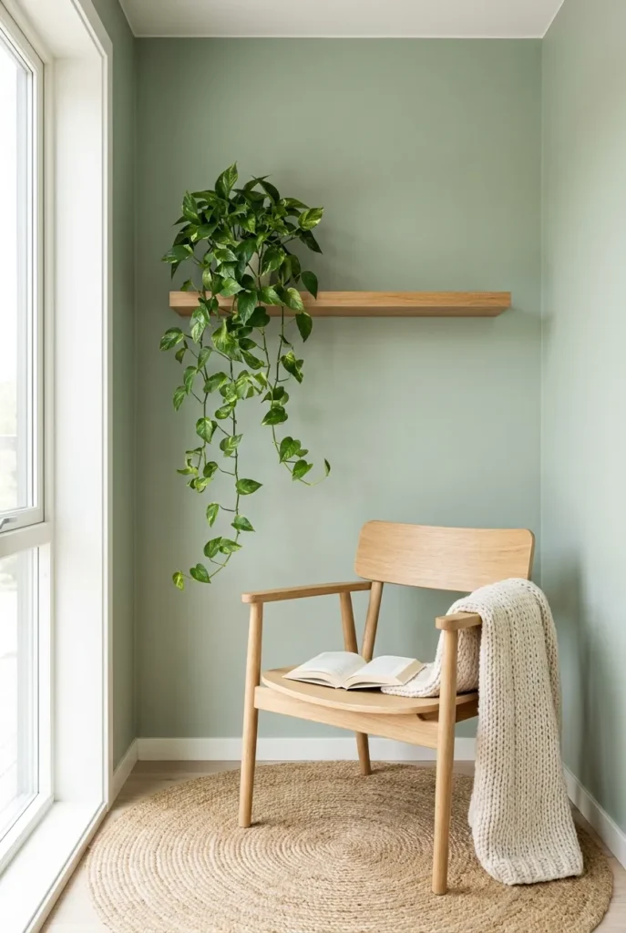 Soft sage green reading nook with oak armchair, cream throw, and trailing pothos plant.