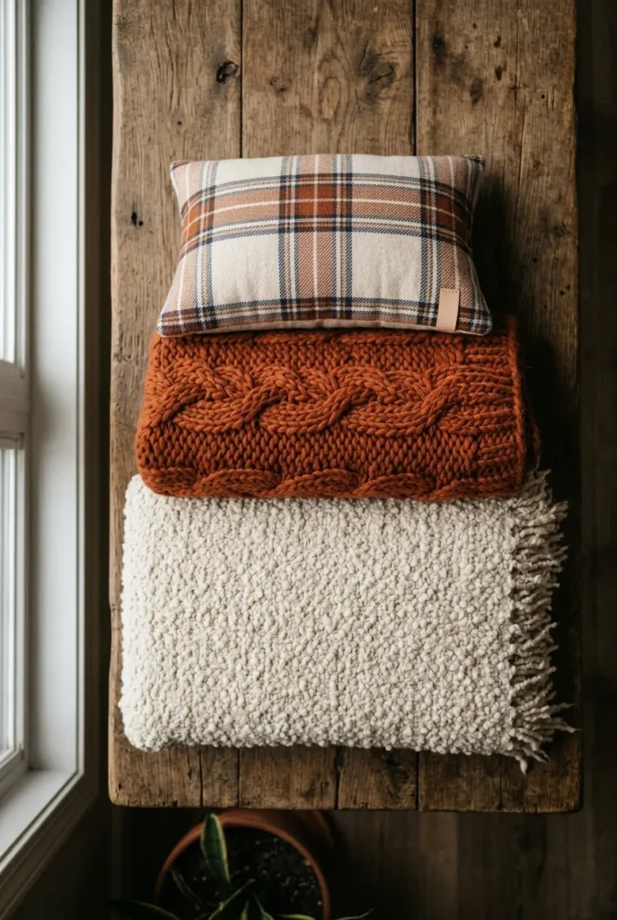 Stacked boucle, knit, and plaid fall reading nook textures on a wooden bench.