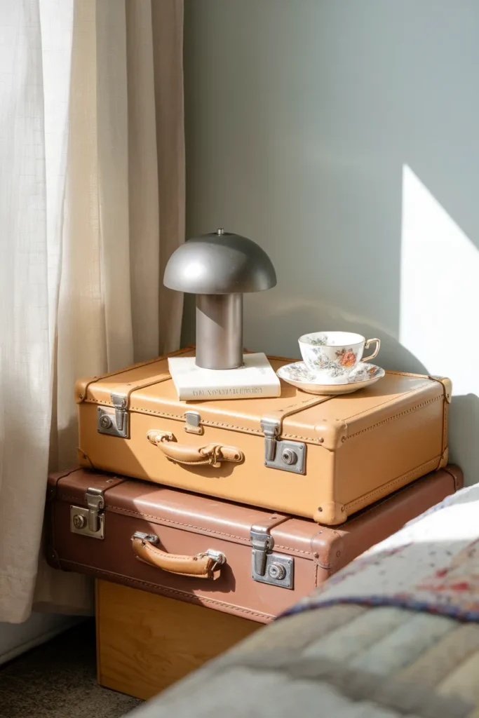 Stacked vintage suitcases as a nightstand with a mushroom lamp and teacup