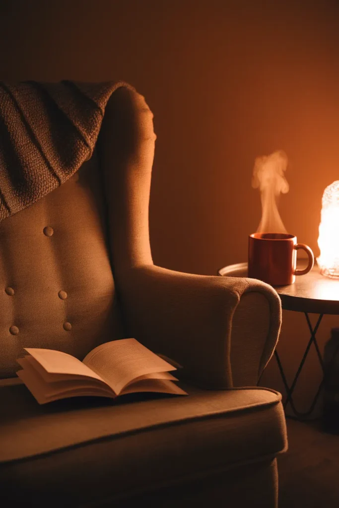 Steaming mug and open book on a cottage armchair at night under warm lamp glow