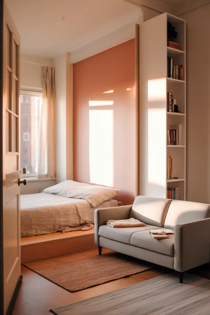Studio apartment decor with bed, sofa divider and jute rug in warm afternoon light.