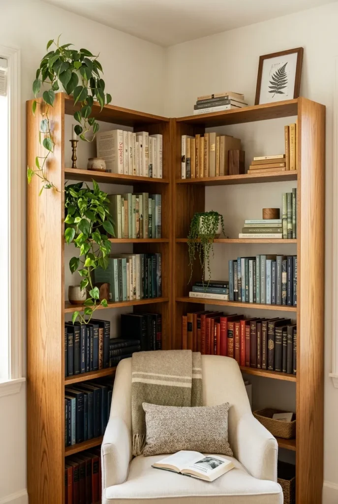 Styled corner bookshelf with 70 percent books, trailing plants, and breathing room.