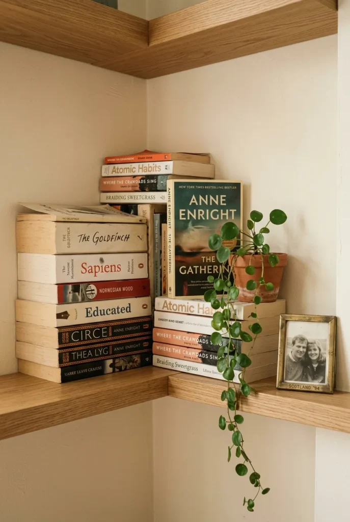 Styled library corner shelf with face-out book, plant, and a framed keepsake