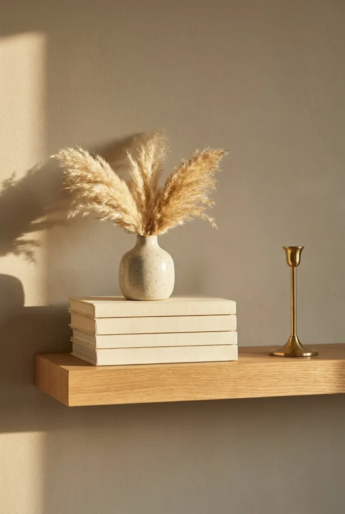 Styled oak shelf with stacked books, dried pampas, and brass in a neutral nook.