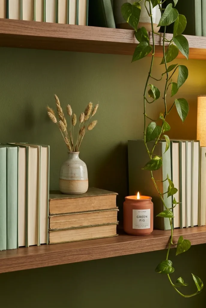 Styled reading nook shelf on an olive green wall with color-grouped books, a candle, and a plant.