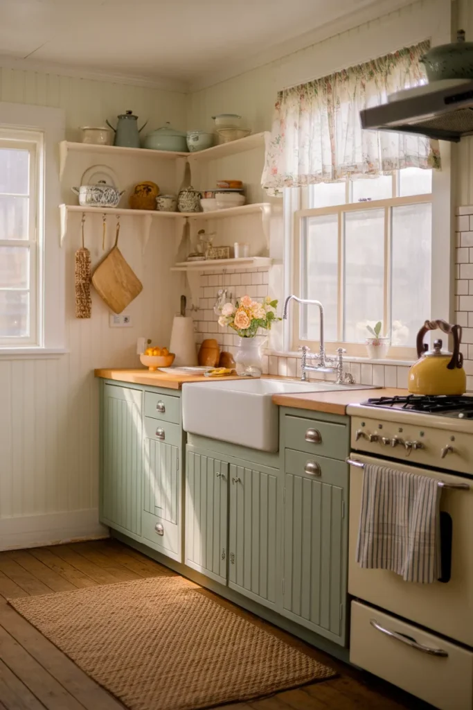 Sun filled cottagecore kitchen decor with sage cabinets, a floral cafe curtain, and vintage pieces on open shelves