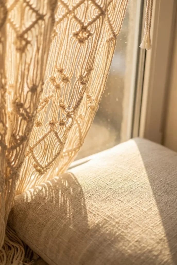 Sunlight through cream macramé curtain casting knot shadows on a window cushion.