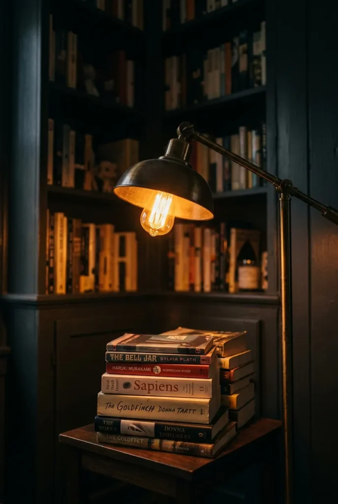 Swing-arm floor lamp with a warm bulb lighting a corner library at night