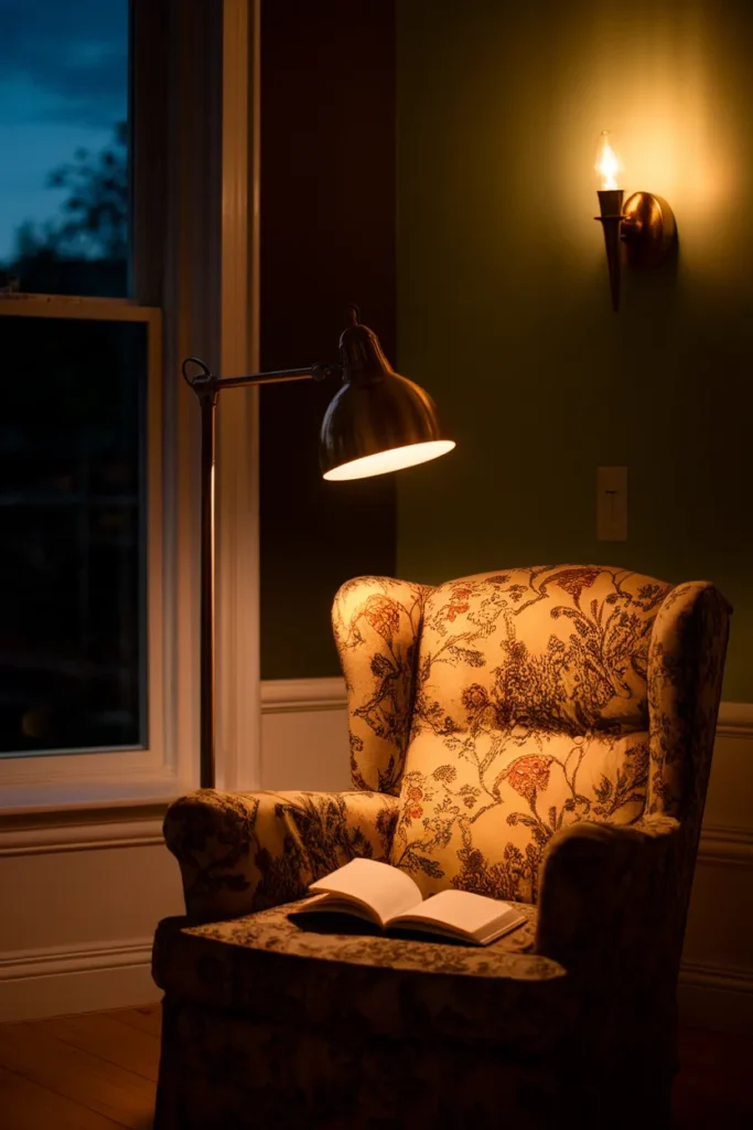 Swing arm lamp glowing warm 2700K over a floral reading chair in a cottagecore living room at night