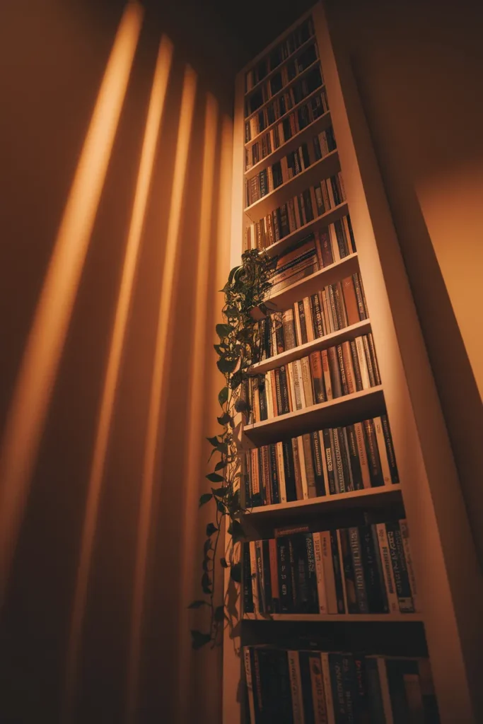Tall narrow bookcase in a small apartment shot from below, showing vertical storage space.