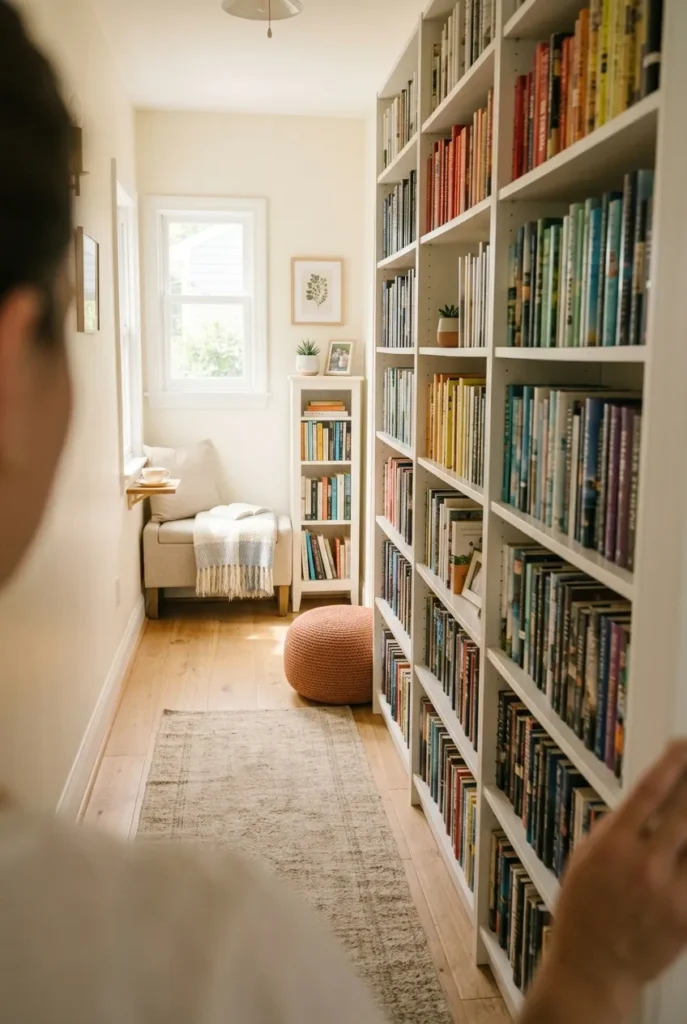 Tall shallow bookcase along a narrow hallway wall with a floor cushion and open walking lane.