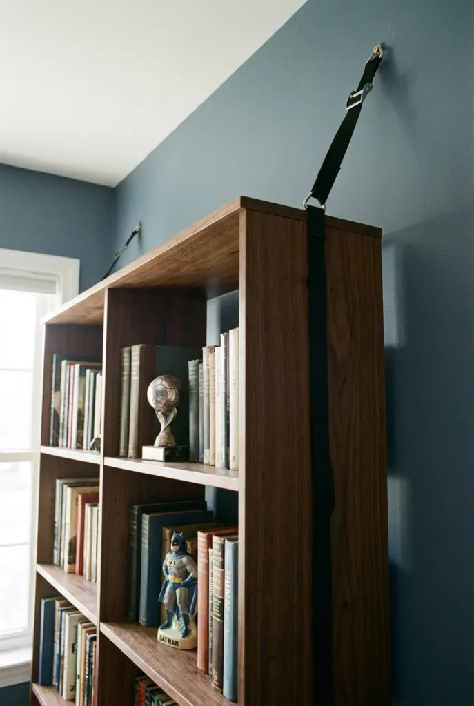 Tall teen bookcase anchored to the wall with an anti-tip strap.