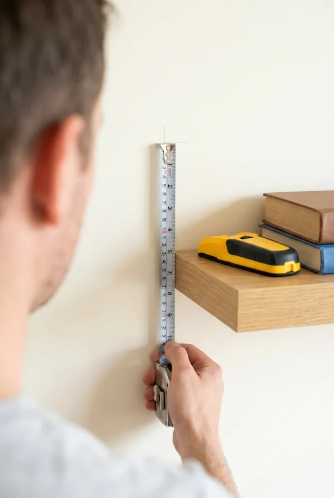 Tape measure and stud finder marking floating shelf height on a wall near books.