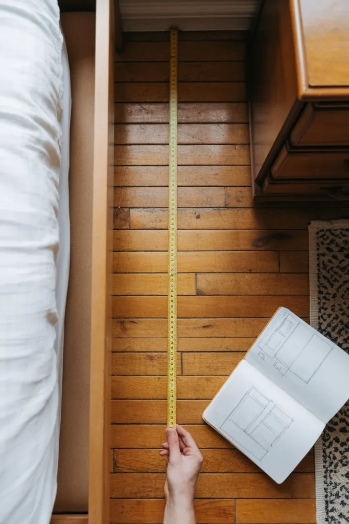 Tape measure checking a 24 inch walkway beside the bed in a tiny cottage bedroom