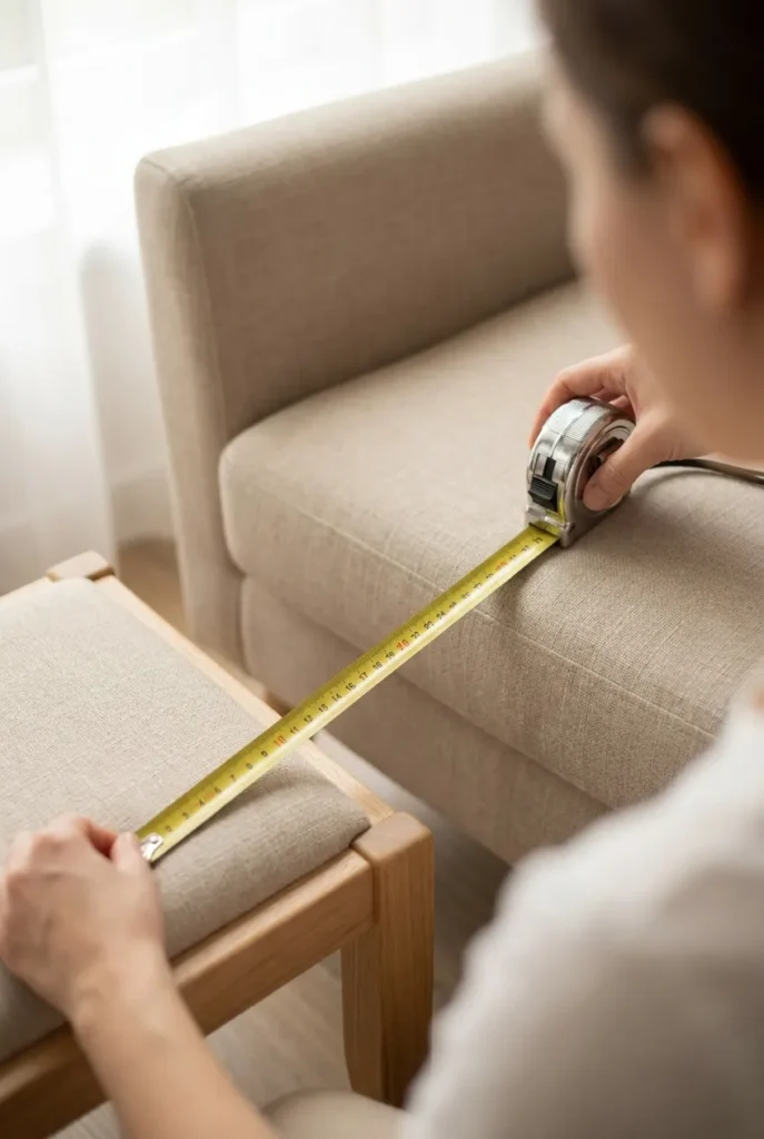 Tape measure checking seat height between an armchair and ottoman for a reading nook.