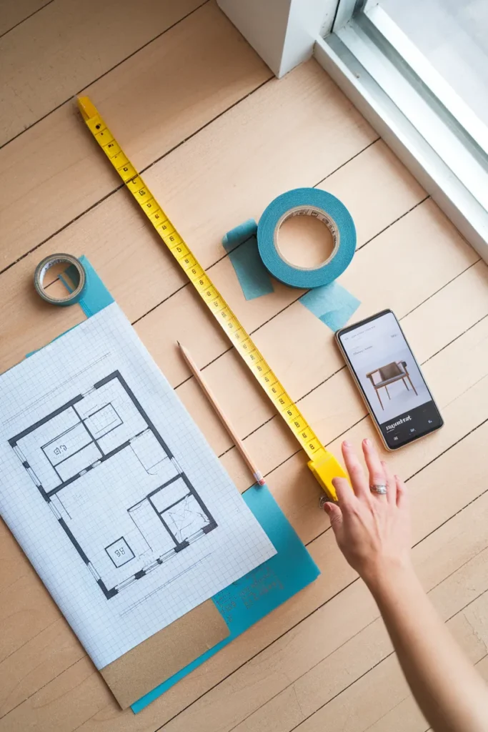 Tape measure locked at 30 inches on an apartment floor next to a hand-drawn floor plan.