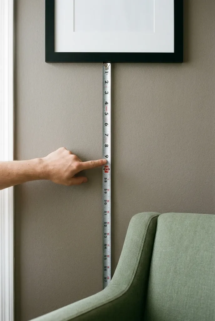Tape measure marking 57 inches on a wall for correct gallery wall height.