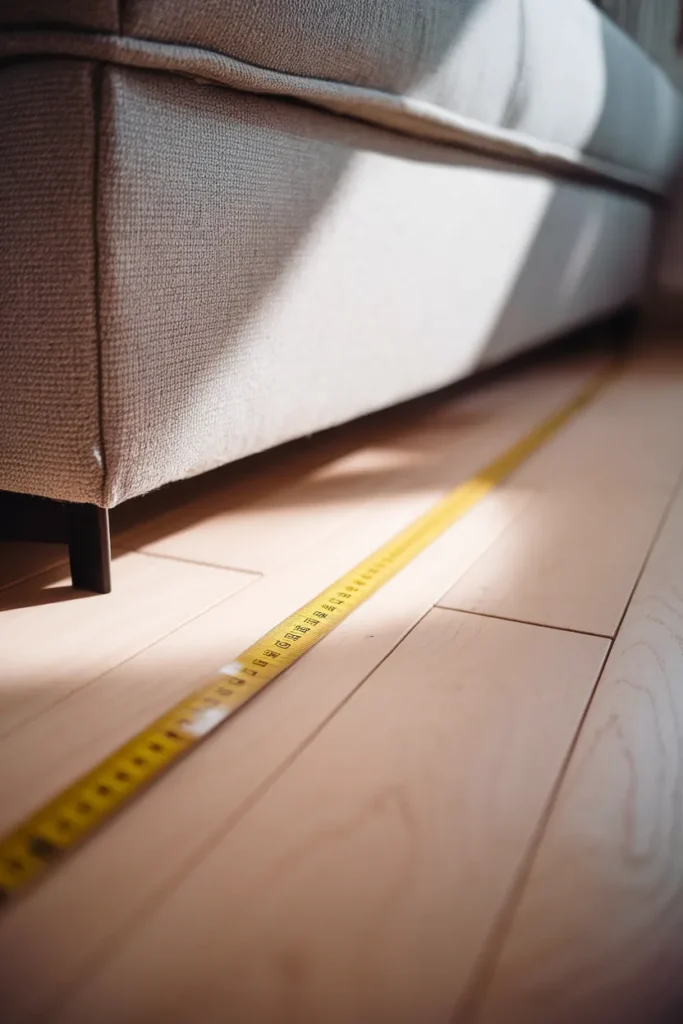 Tape measure showing 36 inches of walkway between a sofa and bed in a small studio.
