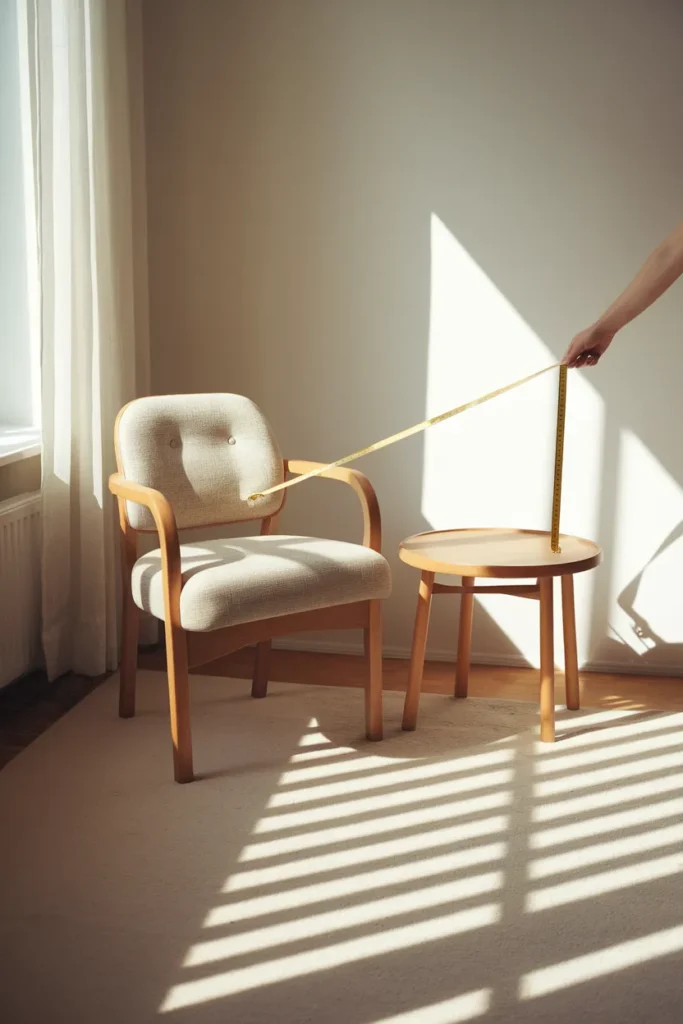 Tape measure stretched from armchair arm to side table showing the 18-inch reach rule.