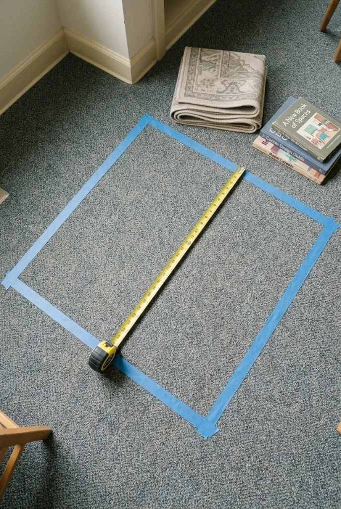 Taped floor outline and tape measure planning a classroom reading corner layout.