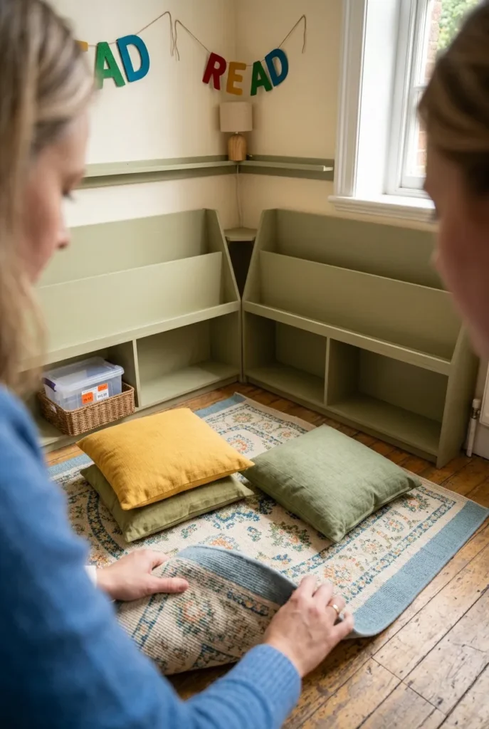 Teacher's hands setting up a budget classroom reading corner with a rug and floor cushions.