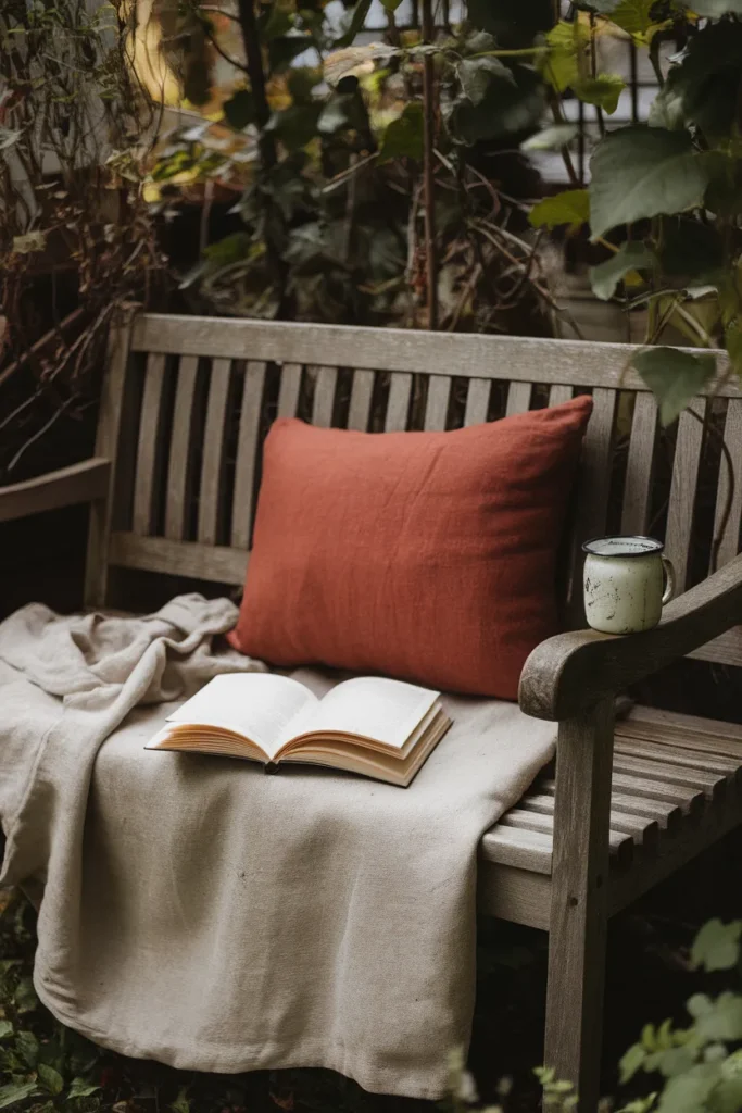 Teak garden bench with linen throw and open book in dappled afternoon light.