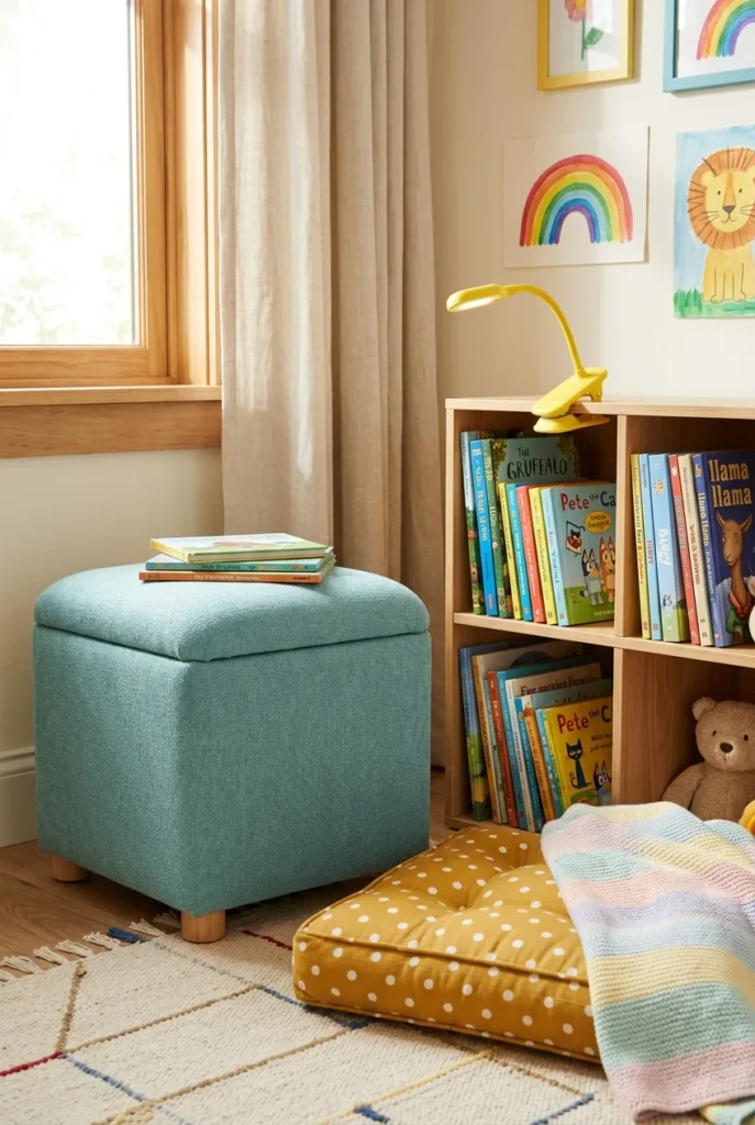 Teal cube storage ottoman and floor cushion in a kids reading corner with books.