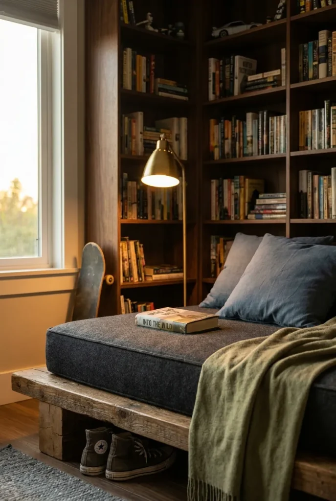 Teen boy reading nook with dark bookshelves, charcoal bench cushion, and warm lamp light.