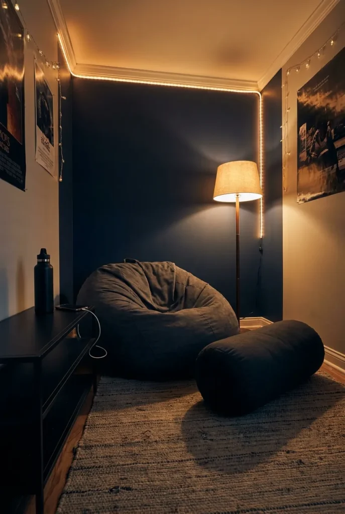 Teen floor reading nook with a large bean bag, bolster, and LED ceiling strip.