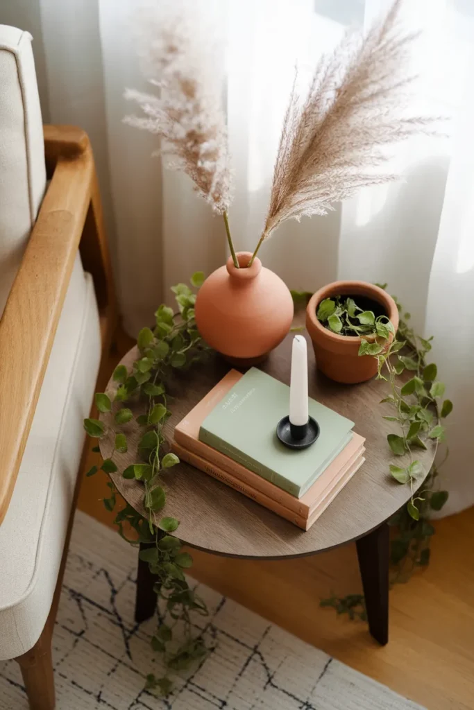 Terracotta vase with pampas, pothos, and worn books styled on a reading nook side table.
